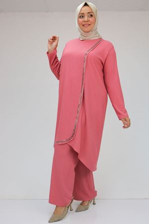 F-47062 Büyük Beden Taş Baskı Detaylı Pantolonlu Bürümcük Takım - Gül Kurusu