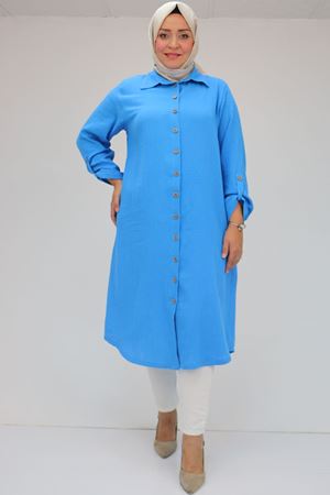 48058 Büyük Beden  Düğmeli Müslin Gömlek - Mavi