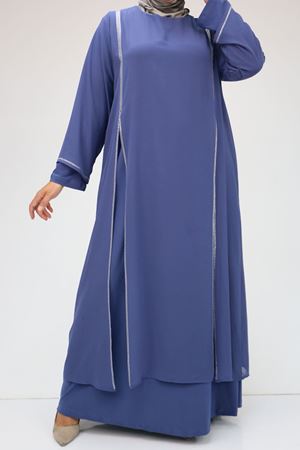 42001 Büyük Beden  Sandy Taş Detaylı Elbise - İndigo