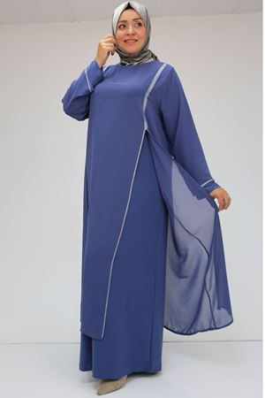 42001 Büyük Beden  Sandy Taş Detaylı Elbise - İndigo