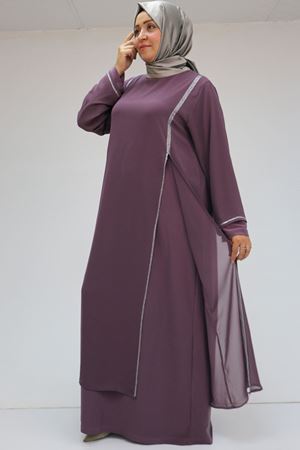 42001 Büyük Beden  Sandy Taş Detaylı Elbise - Gül Kurusu