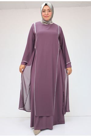 42001 Büyük Beden  Sandy Taş Detaylı Elbise - Gül Kurusu