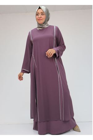 42001 Büyük Beden  Sandy Taş Detaylı Elbise - Gül Kurusu