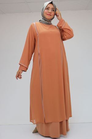 42001 Büyük Beden  Sandy Taş Detaylı Elbise - Somon