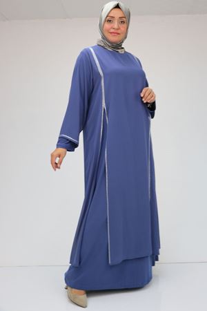 42001 Büyük Beden  Sandy Taş Detaylı Elbise - İndigo