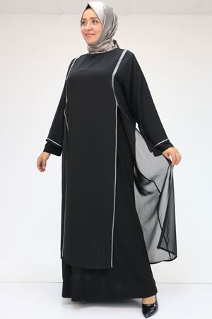 42001 Büyük Beden  Sandy Taş Detaylı Elbise - Siyah