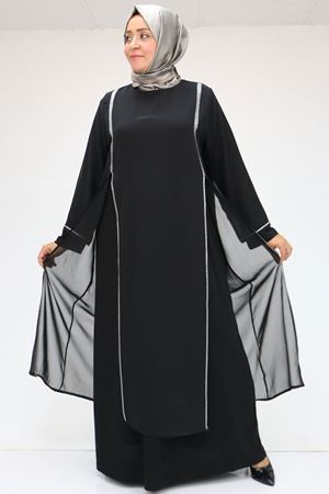 42001 Büyük Beden  Sandy Taş Detaylı Elbise - Siyah