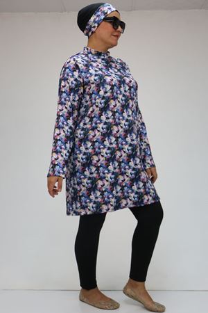 1727 Büyük Beden  Uzunkol Tesettür Mayo Takım - Gül Çiçekli