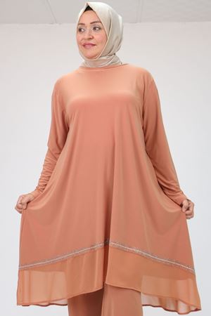 F-47046 Büyük Beden  Etek Ucu Şifon Taş Detaylı Sandy-Şifon Pantolonlu Takım - Somon