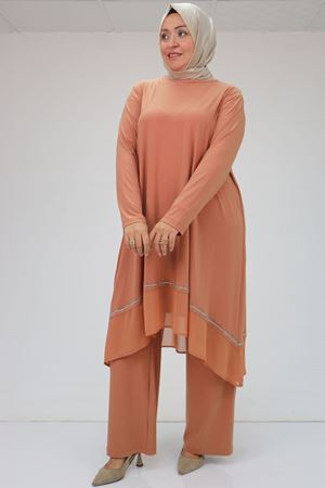 F-47046 Büyük Beden  Etek Ucu Şifon Taş Detaylı Sandy-Şifon Pantolonlu Takım - Somon