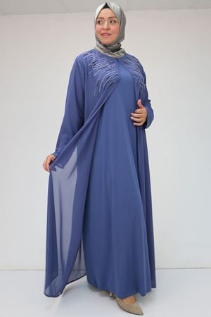 42020 Büyük Beden Taş Baskılı Sandy - Şifon Takım - İndigo