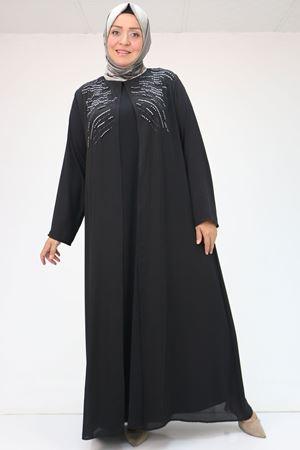 42020 Büyük Beden Taş Baskılı Sandy - Şifon Takım - Siyah