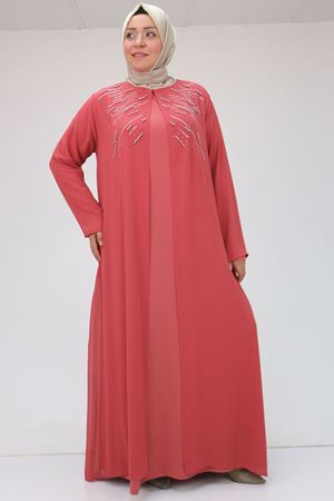 42020 Büyük Beden Taş Baskılı Sandy - Şifon Takım - Gül Kurusu