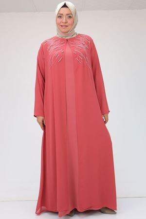 42020 Büyük Beden Taş Baskılı Sandy - Şifon Takım - Gül Kurusu