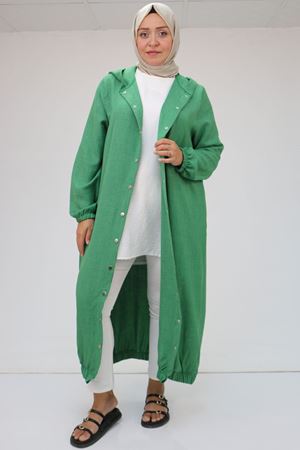 F-43051 Büyük Beden Arkası Pat Detaylı Keten Kap - Yeşil