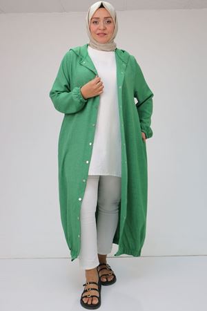 F-43051 Büyük Beden Arkası Pat Detaylı Keten Kap - Yeşil