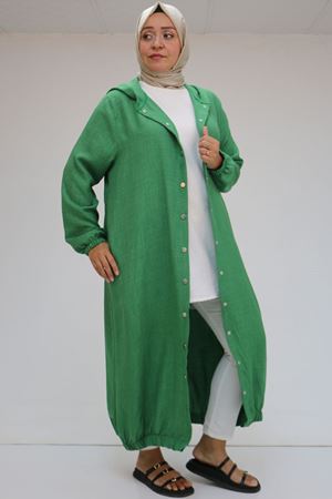 F-43051 Büyük Beden Arkası Pat Detaylı Keten Kap - Yeşil