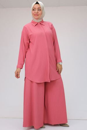 47073 Büyük Beden Bürümcük Pantolonlu Takım - Gül Kurusu