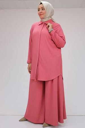 47073 Büyük Beden Bürümcük Pantolonlu Takım - Gül Kurusu