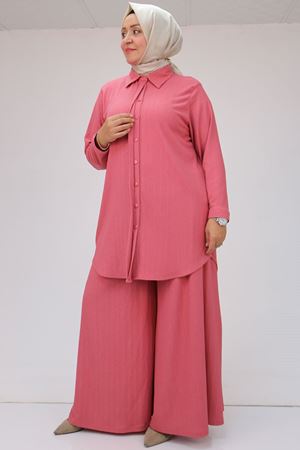 47073 Büyük Beden Bürümcük Pantolonlu Takım - Gül Kurusu