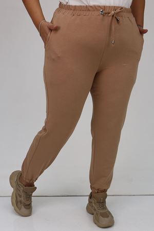 49513 Büyük Beden İki İplik Paça Lastikli Eşofman Altı - Bej