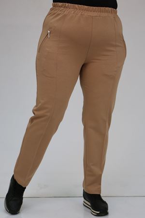 49514 Büyük Beden İki İplik Cepleri Fermuarlı Çimalı Eşofman Altı - Bej