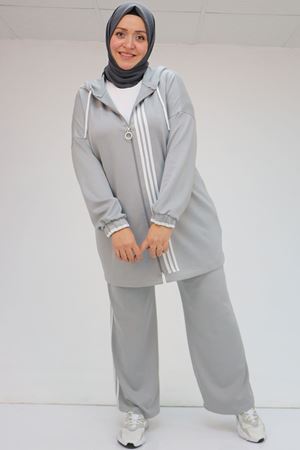 47058 Büyük Beden Şerit Detaylı Oysho Pantolonlu Takım - Gri-Gri - kopya