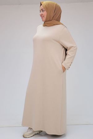 42031 Büyük Beden Cepli Patlı Modal Elbise - Bej