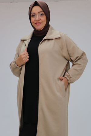 43044 Büyük Beden Arkası İşlemeli Osyho Kap - Bej