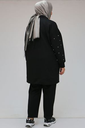 47070 Büyük Beden Önü Taş Detaylı Modal Pantolonlu Takım - Siyah