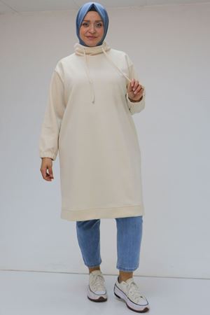 48105 Büyük Beden Boğazlı Yaka Kolu Lastikli Tunik - Bej