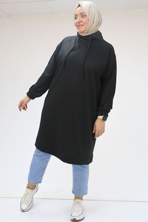 48105 Büyük Beden Boğazlı Yaka Kolu Lastikli Tunik - Siyah
