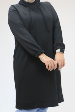48105 Büyük Beden Boğazlı Yaka Kolu Lastikli Tunik - Siyah