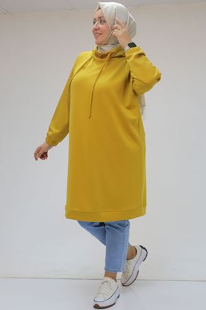 48105 Büyük Beden Boğazlı Yaka Kolu Lastikli Tunik - Hardal
