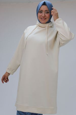 48105 Büyük Beden Boğazlı Yaka Kolu Lastikli Tunik - Bej