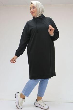 48105 Büyük Beden Boğazlı Yaka Kolu Lastikli Tunik - Siyah