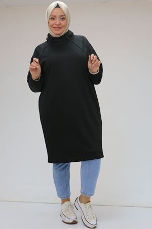 48105 Büyük Beden Boğazlı Yaka Kolu Lastikli Tunik - Siyah