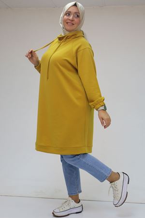 48105 Büyük Beden Boğazlı Yaka Kolu Lastikli Tunik - Hardal