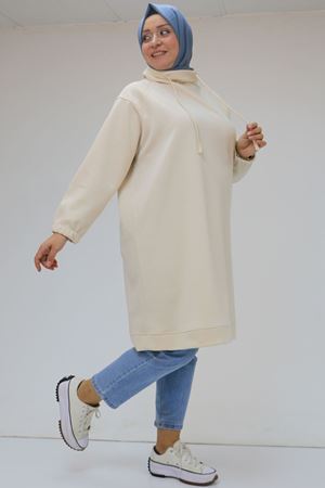 48105 Büyük Beden Boğazlı Yaka Kolu Lastikli Tunik - Bej