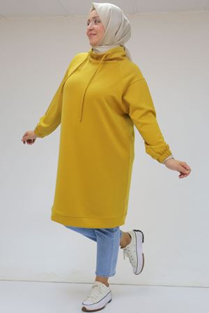 48105 Büyük Beden Boğazlı Yaka Kolu Lastikli Tunik - Hardal