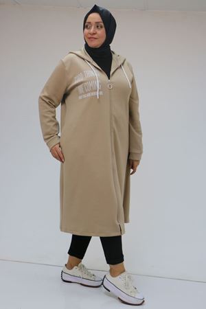 43086 Büyük Beden Kapşonlu Osyho Baskılı Kap - Bej