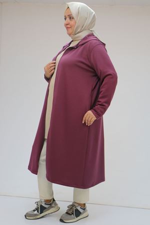 43086 Büyük Beden Kapşonlu Osyho Baskılı Kap - Mürdüm