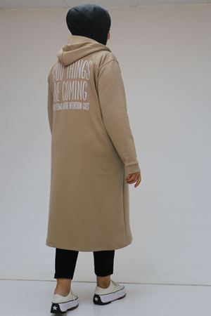 43086 Büyük Beden Kapşonlu Osyho Baskılı Kap - Bej