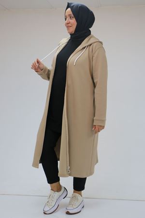 43086 Büyük Beden Kapşonlu Osyho Baskılı Kap - Bej