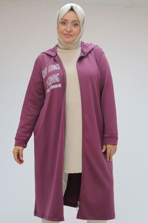 43086 Büyük Beden Kapşonlu Osyho Baskılı Kap - Mürdüm