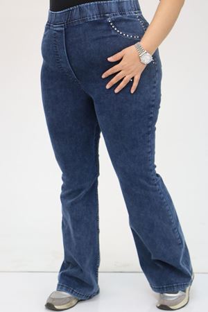 9202 Büyük Beden Beli Lastikli Taş Detaylı Kot Pantolon - Lacivert