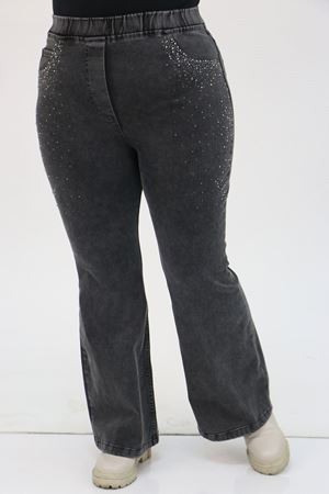 9201 Büyük Beden Beli Lastikli İnci Taş Detaylı Kot Pantolon - Siyah