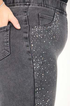 9201 Büyük Beden Beli Lastikli İnci Taş Detaylı Kot Pantolon - Siyah