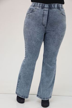 9201 Büyük Beden Beli Lastikli İnci Taş Detaylı Kot Pantolon - Buz Mavi