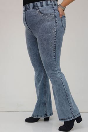 9201 Büyük Beden Beli Lastikli İnci Taş Detaylı Kot Pantolon - Buz Mavi